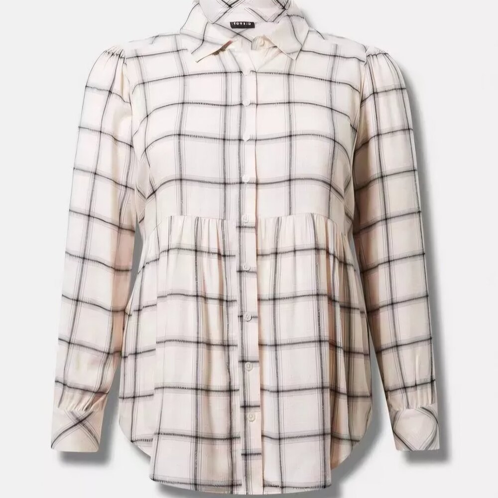 Torrid 1 1X 14-16 Pink Gray Plaid Softest Flannel Tie-Back Tunic Top Button Down